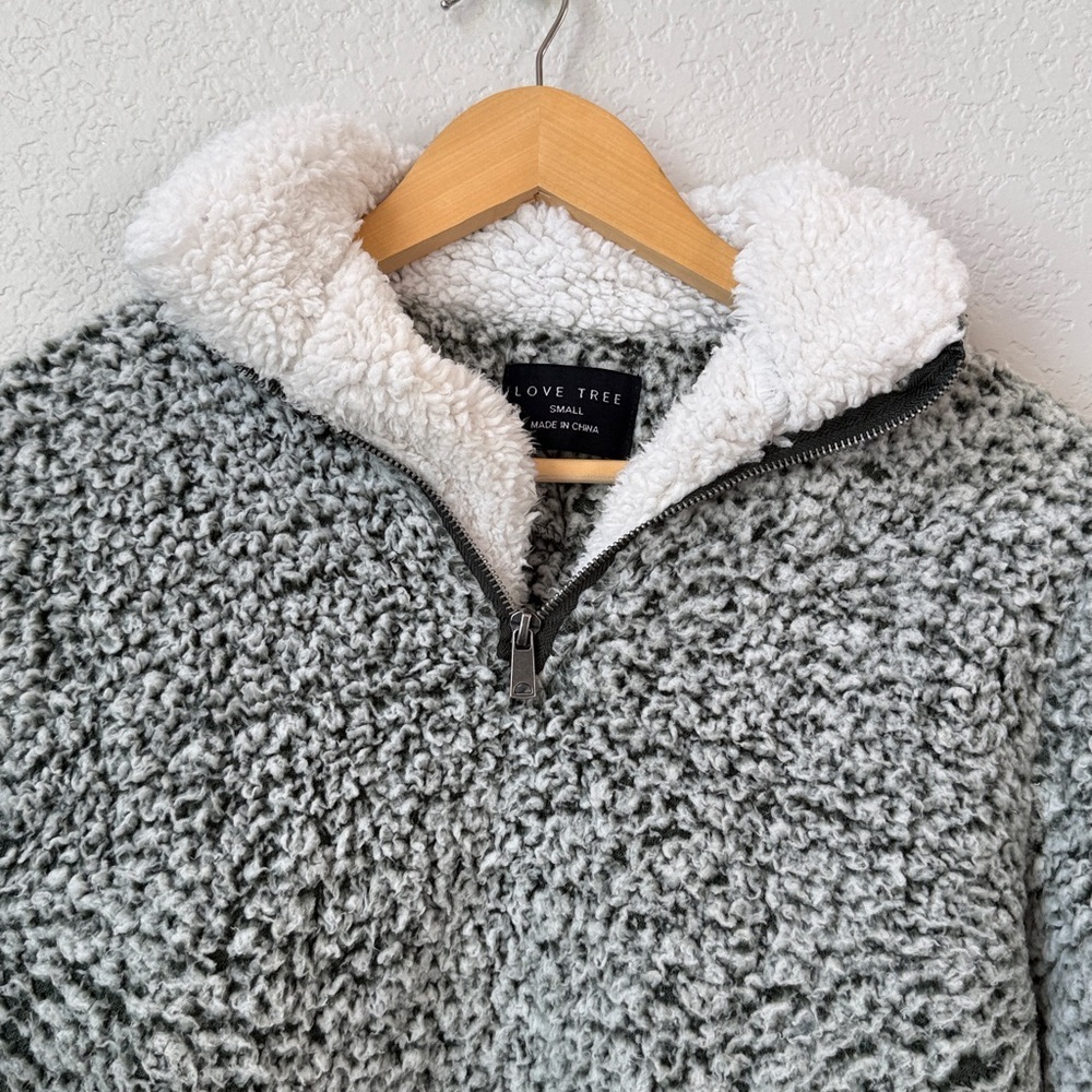 Love Tree Sherpa Sweater Quarter Zip Green and White Size Small - Picture 2 of 8